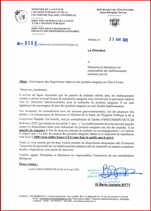 Cote d'Ivoire/  L'Etat rappelle aux  établissements de soins publics et privés d'acheminer les produits sanguins directement aux pieds des lits des malades au prix unique de 3000 FCFA